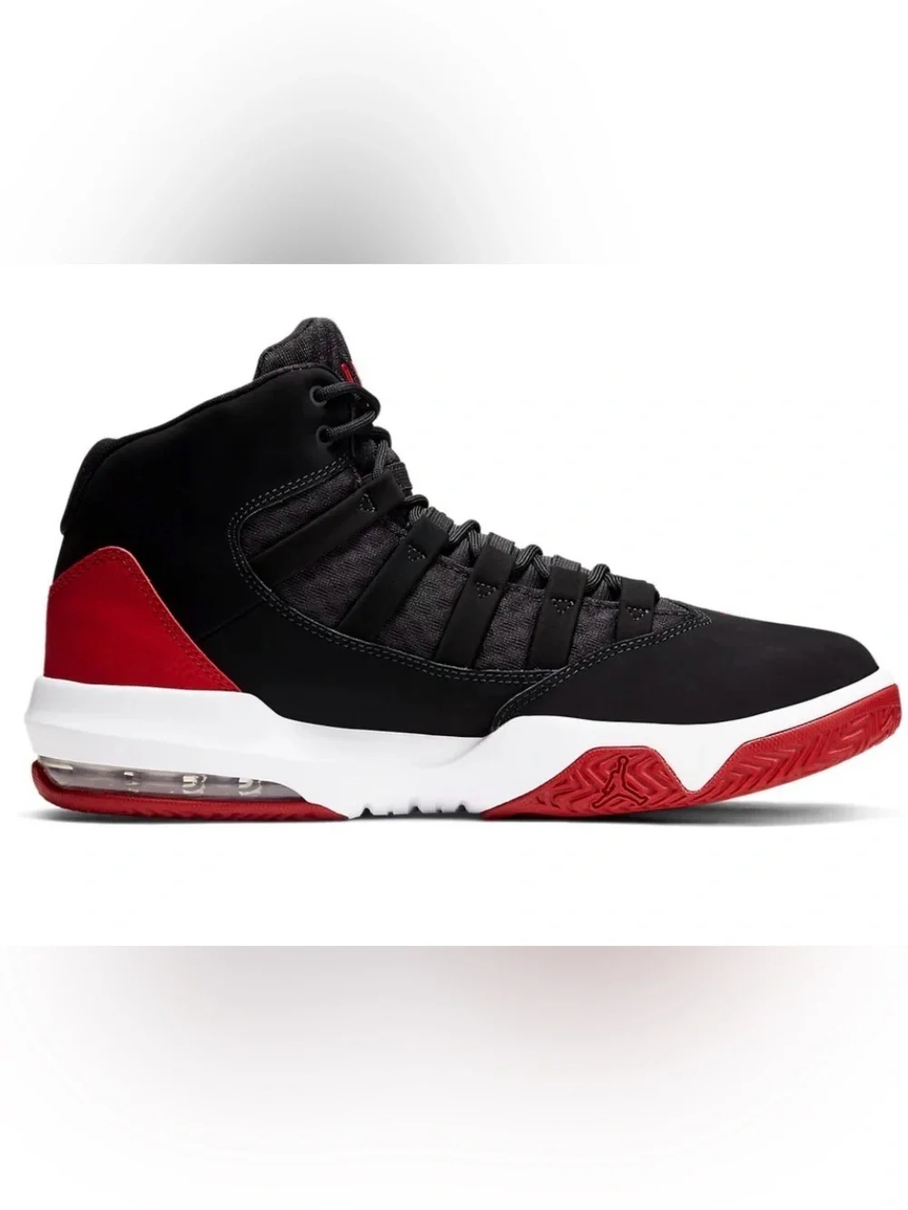 New in Box Jordan Max Aura Black and Gym Red Sneakers, Size 12